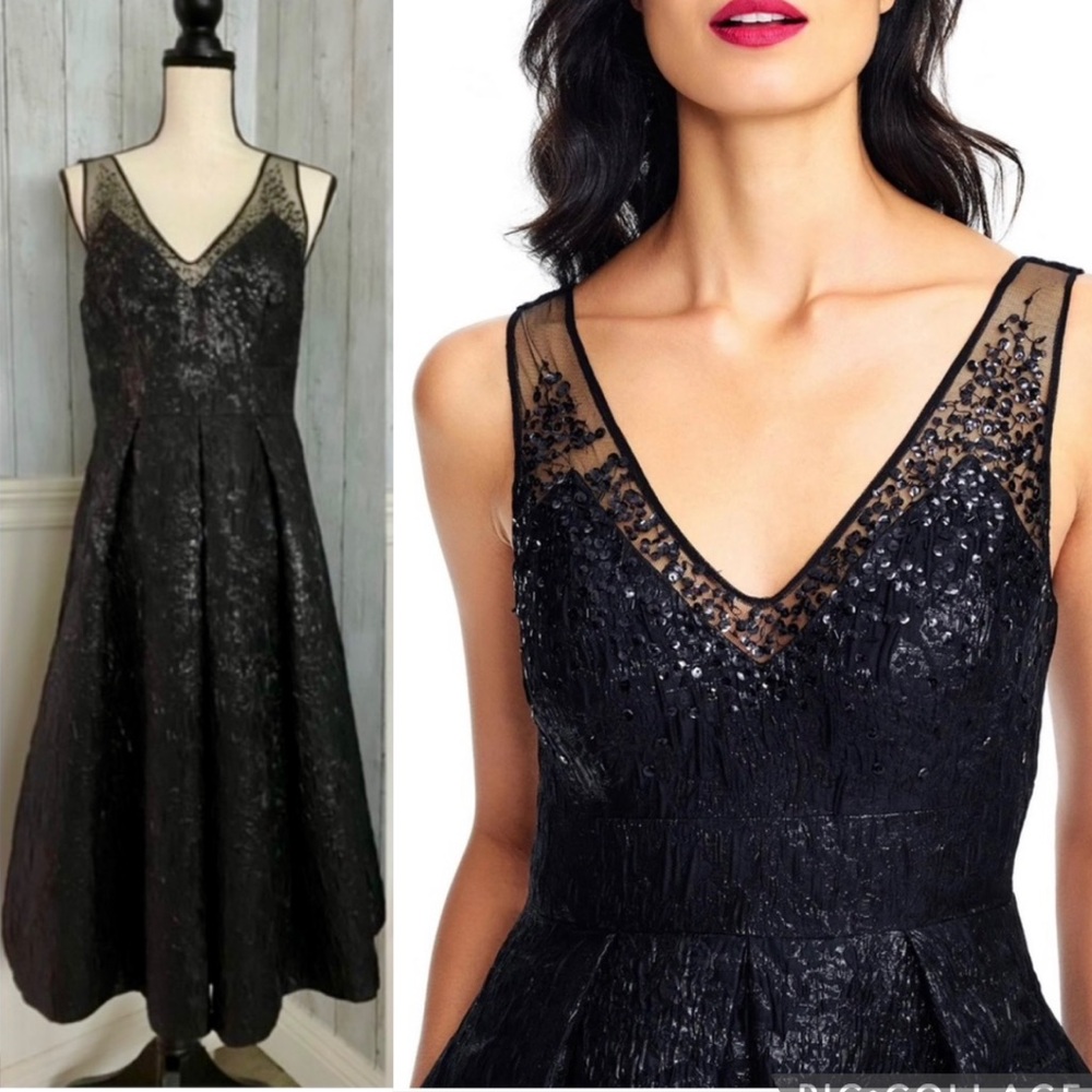 New Adrianna Papell Beaded Metallic Jacquard Midi Dress